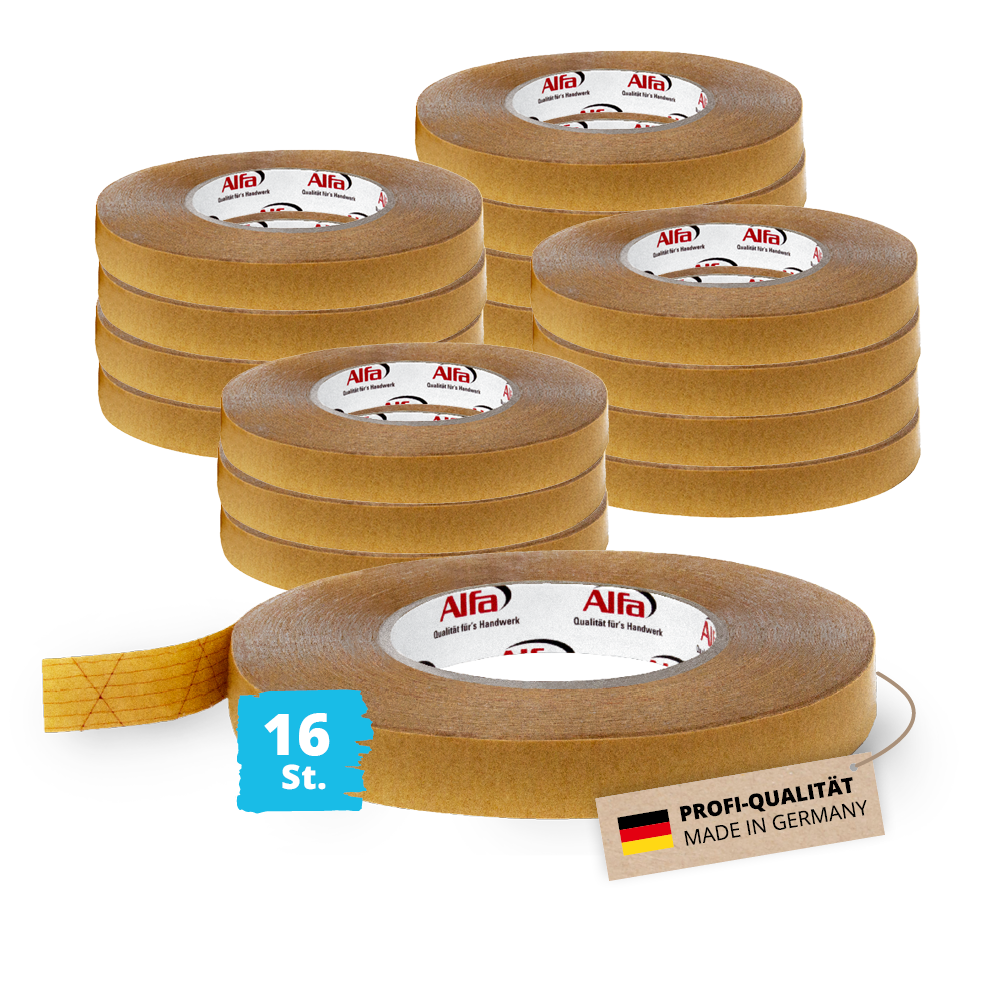 16x Alfa Twin (doppelseitiges Klebeband) 20 mm x 50 m Profi-Qualität Made in Germany Dampfsperre Klebeband Dampfbremse Montageklebeband