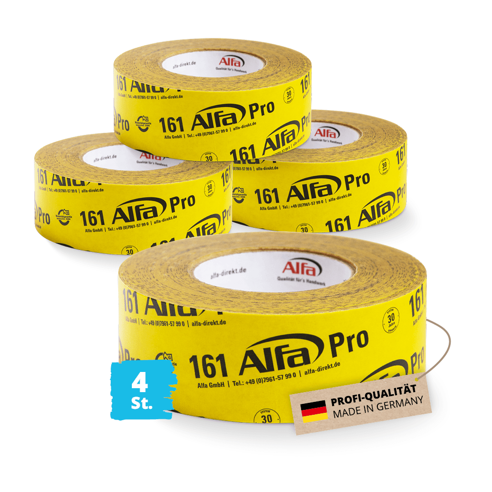 4x Alfa Dampfsperre Klebeband 50mm x 25m Profi-Qualität Made in Germany Dampfbremse Folienklebeband Alfa Pro Hochleistungsklebeband Unterspannbahn