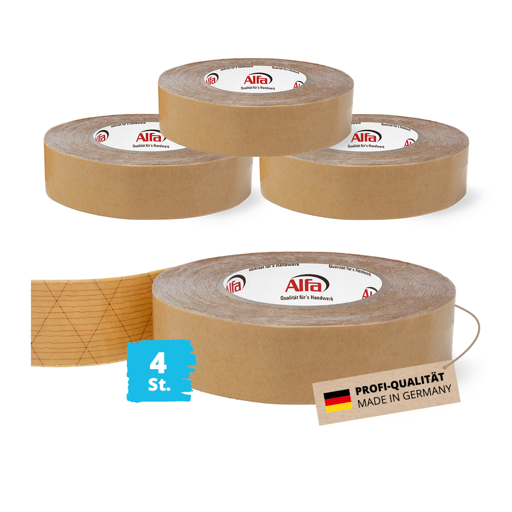 4x Alfa StrongTac 30 mm x 50 m - PROFI-Montageklebeband Sockelleisten Klebeband Sockelleistenklebeband Profi-Qualität Made in Germany