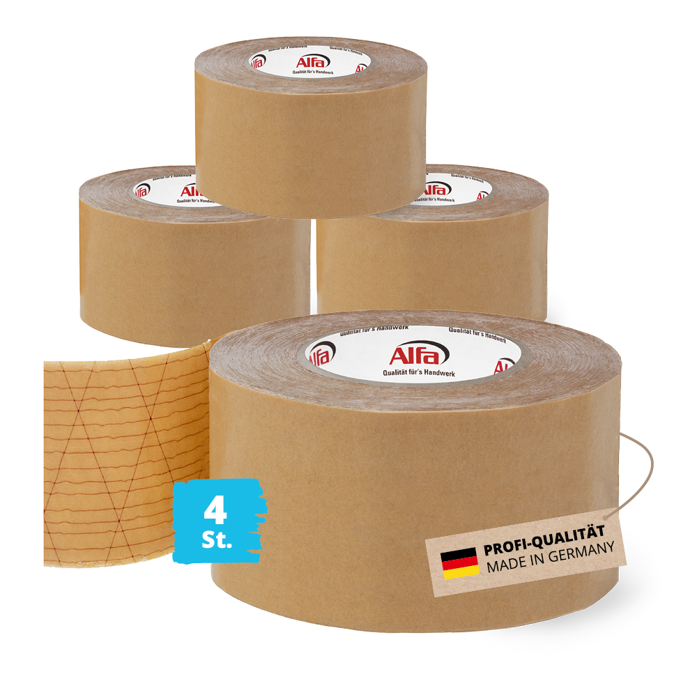 4x Alfa StrongTac 70 mm x 50 m - PROFI-Montageklebeband Sockelleisten Klebeband Sockelleistenklebeband Profi-Qualität Made in Germany