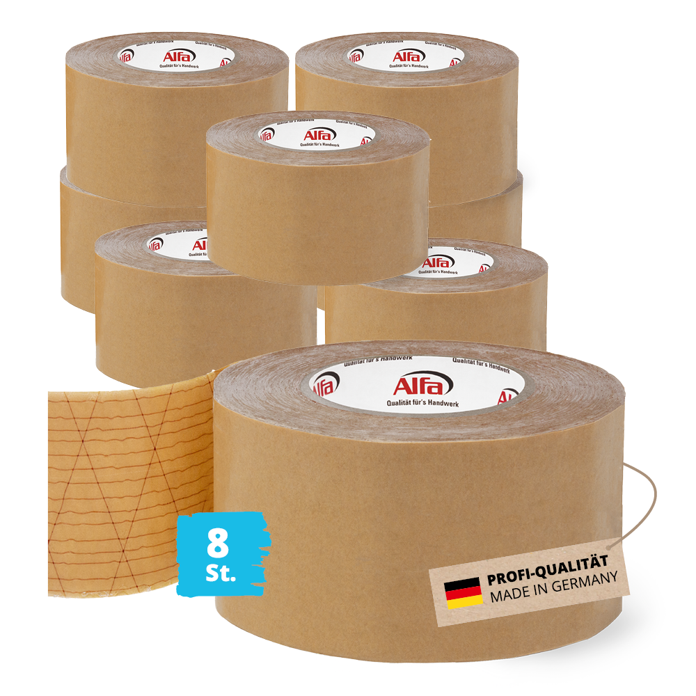 8x Alfa StrongTac 70 mm x 50 m - PROFI-Montageklebeband Sockelleisten Klebeband Sockelleistenklebeband Profi-Qualität Made in Germany