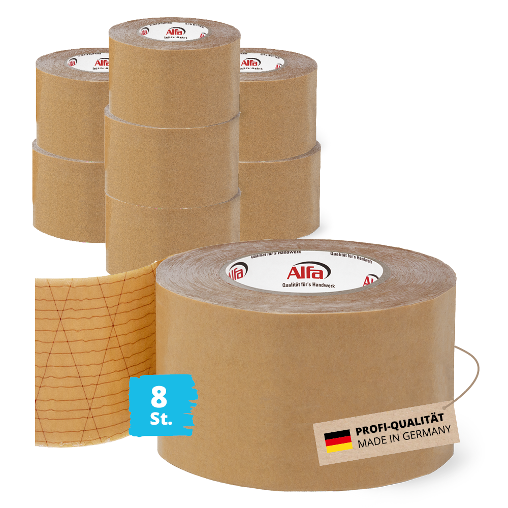 8x Alfa StrongTac 85 mm x 50 m - PROFI-Montageklebeband Sockelleisten Klebeband Sockelleistenklebeband Profi-Qualität Made in Germany