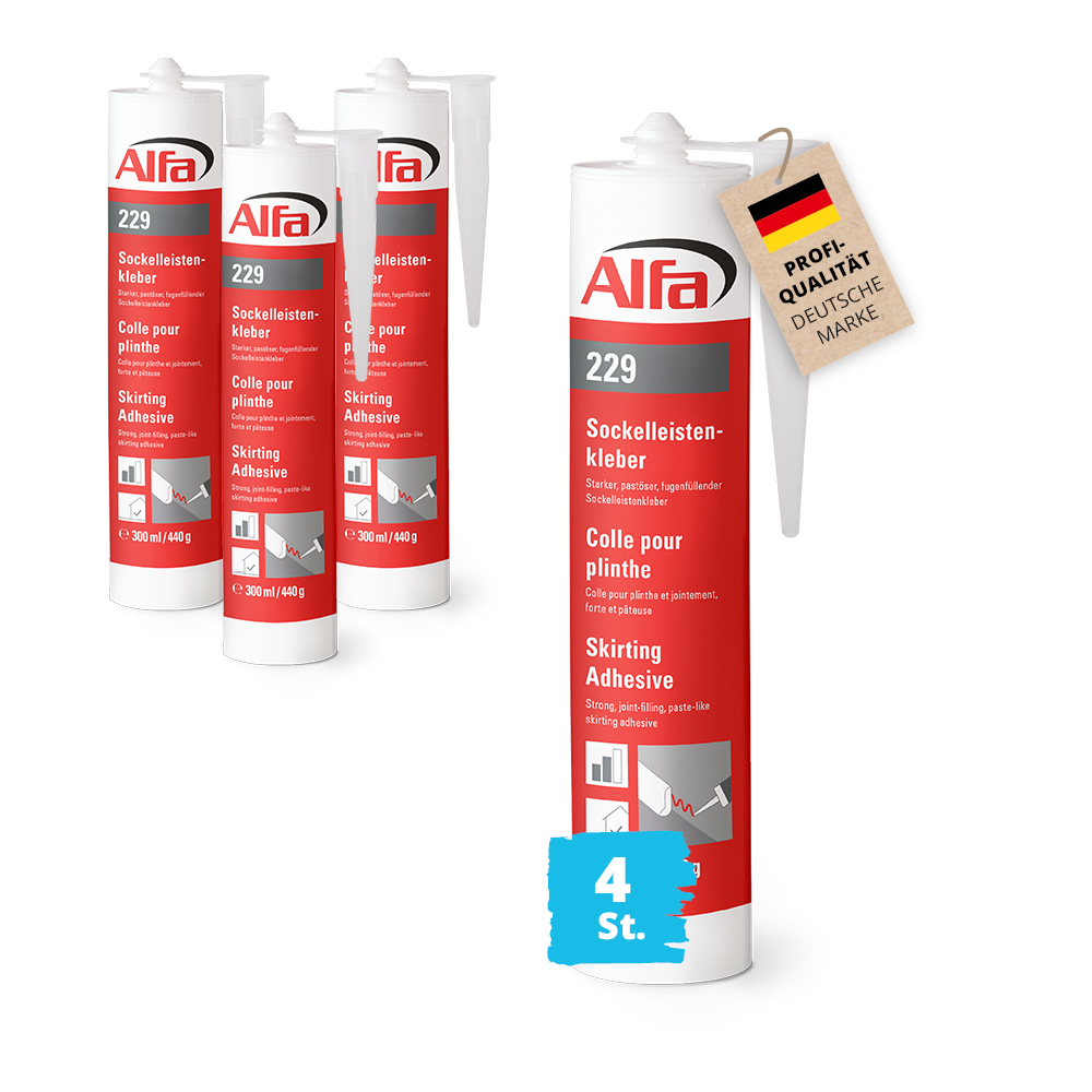 4x Alfa Montagekleber Sockelleisten Kleber 429g Leistenkleber Styroporkleber Universalkleber Sockelleisten Kleber Baukleber Fussleisten Kleber 