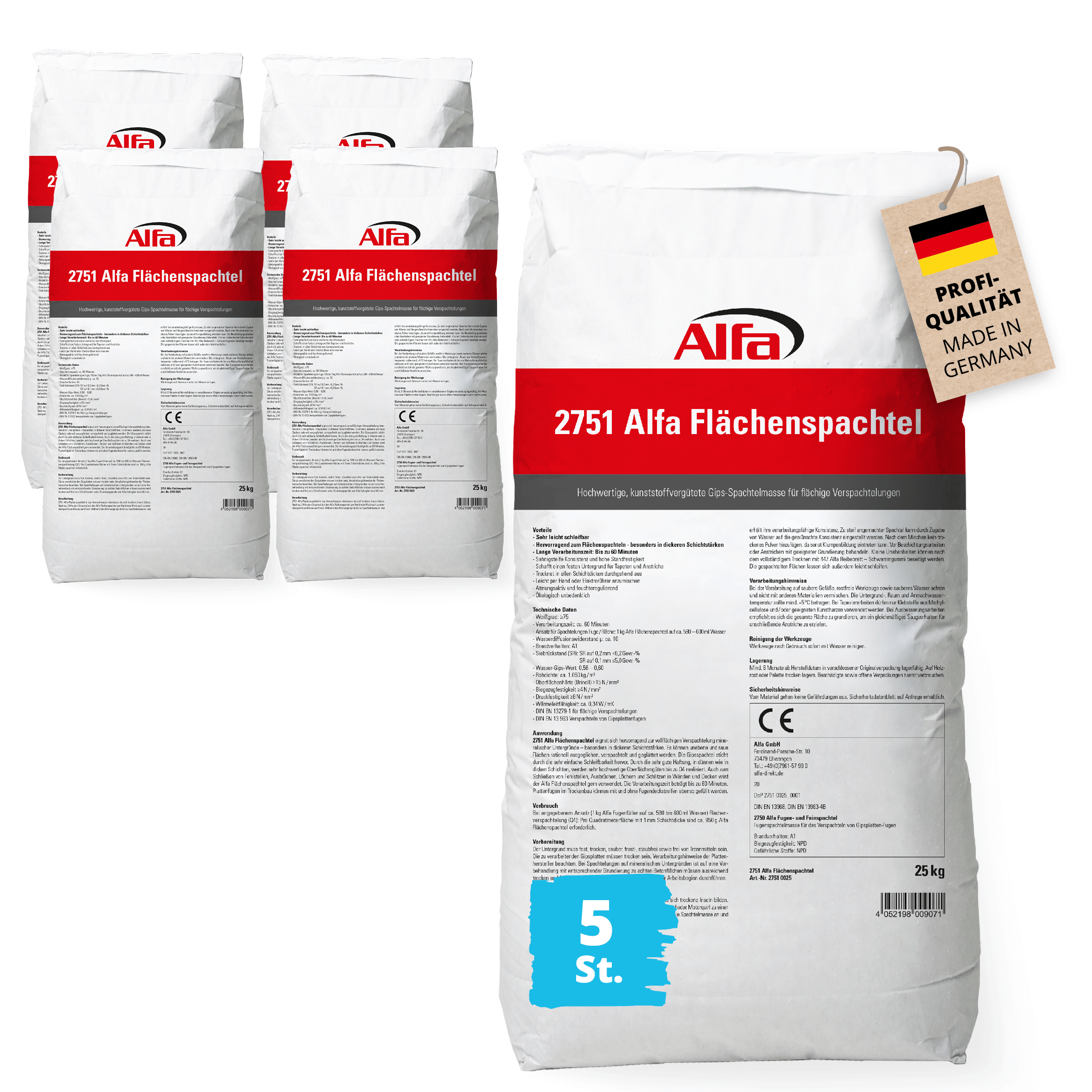 5x Alfa Flächenspachtel 25 kg Spachtel-Masse zum Spachtelmasse Glättmasse Putz Mauerwerk Glättspachtel Füllspachtel Füllmasse Fertigspachtel