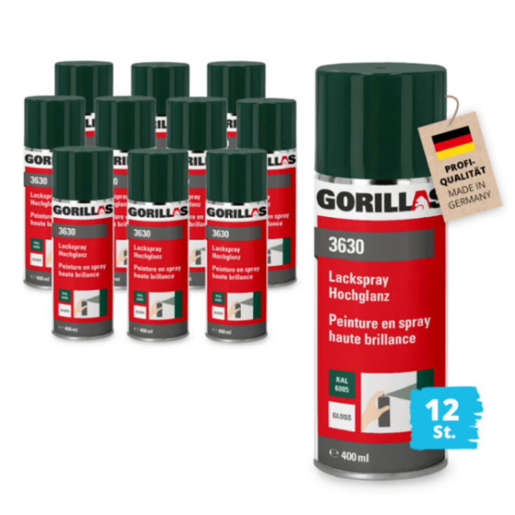 Gorillas Lackspray 12 x 400 ml Glanz RAL6005 Moosgrün - Sprühlack Innen/Außen Sprühdose Farbspray Lackdose Sprühfarbe Farbenspray Lackierspray