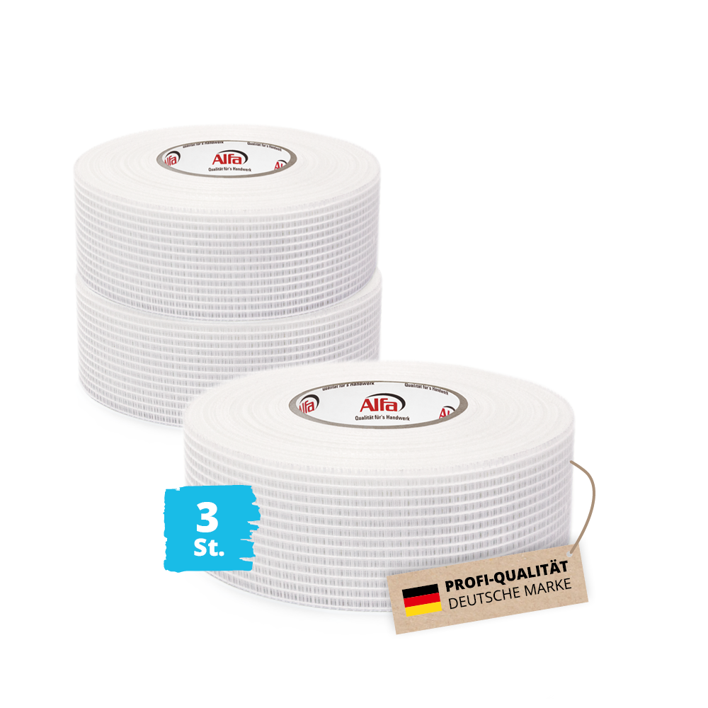 3x Alfa Gitterband selbstklebend 50mm x 90m Fugendeckband Rissband Gewebeband Fugenband Rigips Fugengitterband Glasfasergewebeband Fugenstreifen