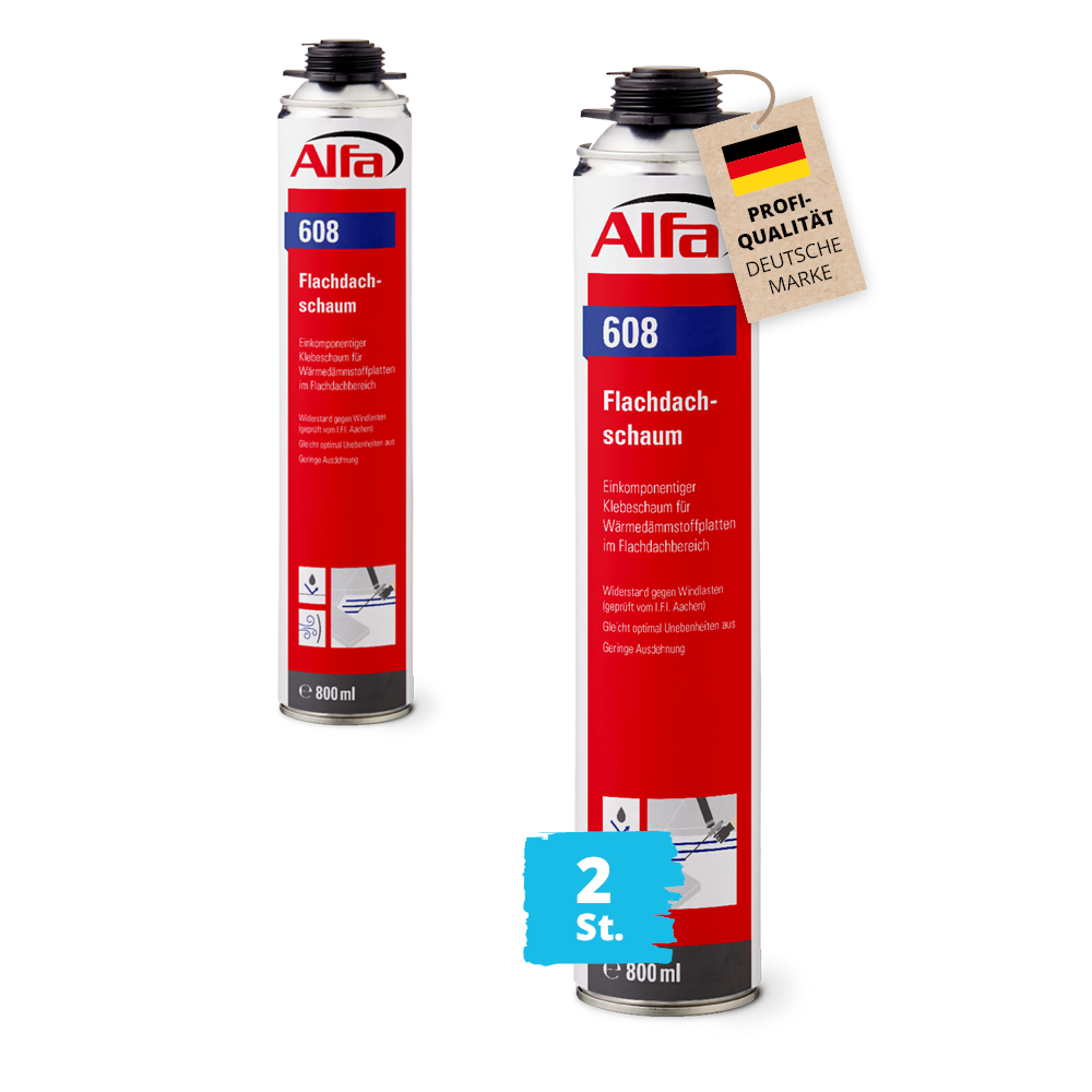 2x Alfa Flachdachschaum 800 ml Bauschaum Montageschaum PU-Schaum Dach Dämmplatten Polystyrol Steinwolle Polyurethanplatten Flachdach abdichten