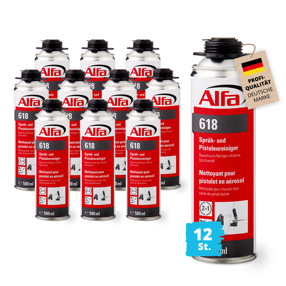 12x Alfa Sprühreiniger & Pistolenreiniger 500 ml Bauschaum entdernen Universalreiniger PU-Schaum Schaumreiniger Industriereiniger Schaumpistole
