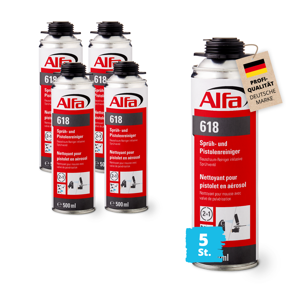 5x Alfa Sprühreiniger & Pistolenreiniger 500 ml Bauschaum entfernen Universalreiniger PU-Schaum Schaumreiniger Industriereiniger Schaumpistole