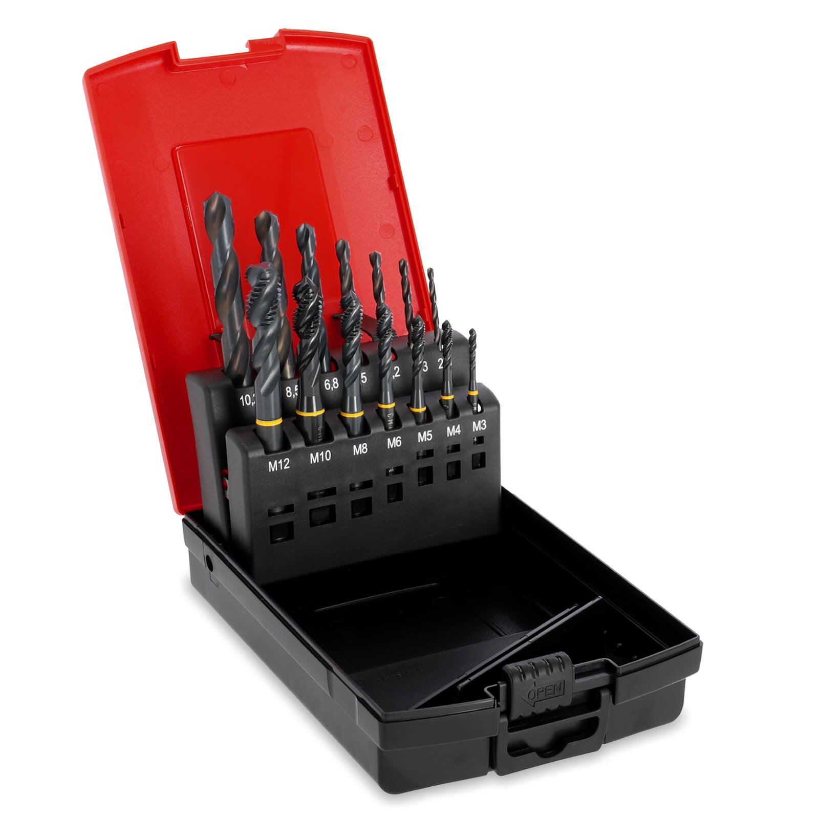 Alfa HSS-Gewindebohrer Form C Kassette für Kernloch M3-M12 | 14-teilig | für die Bearbeitung von Stahl und Stahlguss | ideal zum Schneiden des 