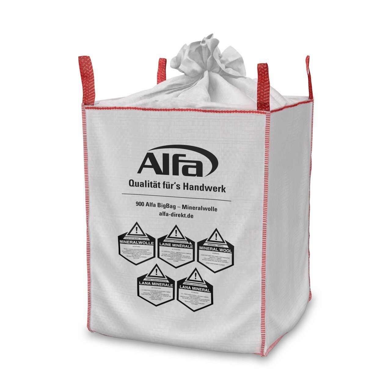 20x Alfa BigBag für Mineralwolle - lange Hebeschlaufen - 135cm x 135cm x 130cm - sicherer Transport von Mineralfaser- und Styroporabfällen | KMF-Sack