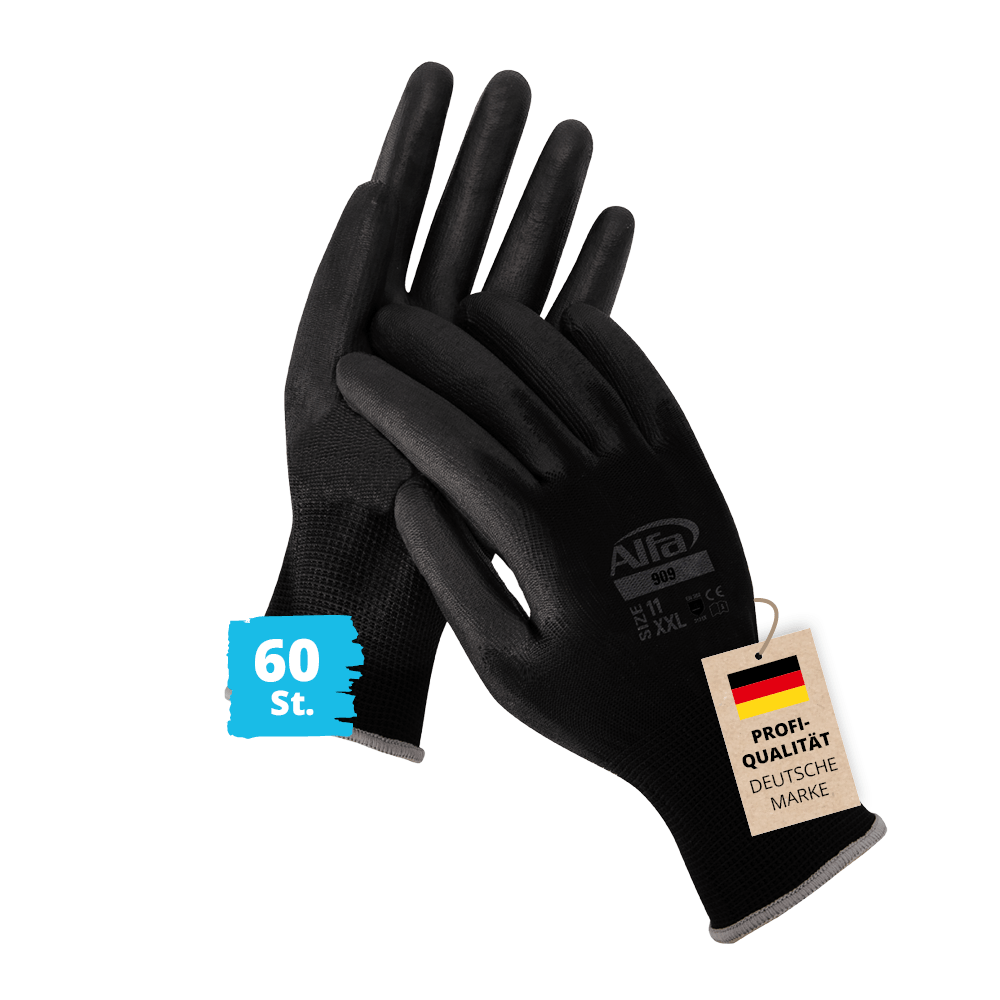 Alfa 60 Paar Arbeitshandschuhe schwarz Gr. 11 hochwertiger, PU-beschichteter Malerhandschuh Montagehandschuh Nylon-Feinstrickhandschuh Handy Touch