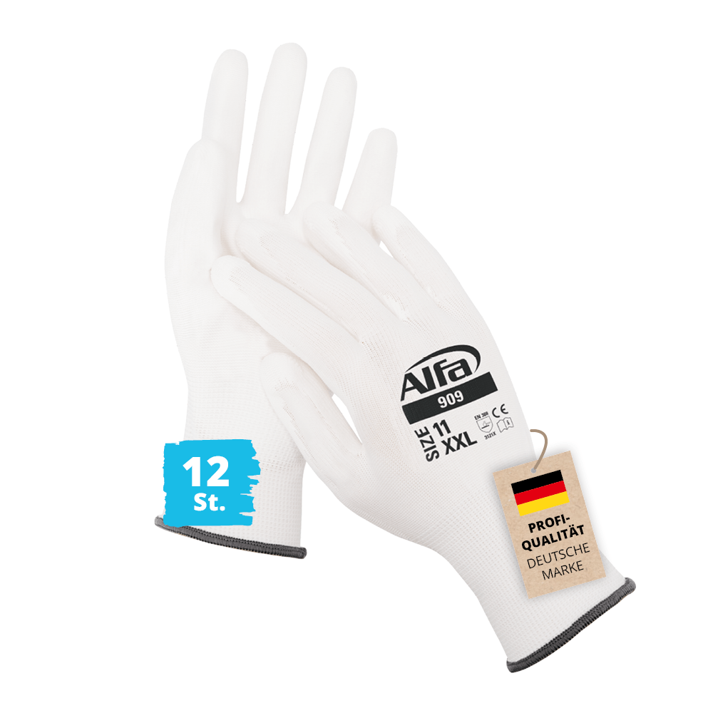Alfa 12 Paar Arbeitshandschuhe weiss Gr. 11 hochwertiger, PU-beschichteter Malerhandschuh Montagehandschuh Nylon-Feinstrickhandschuh Handy Touch