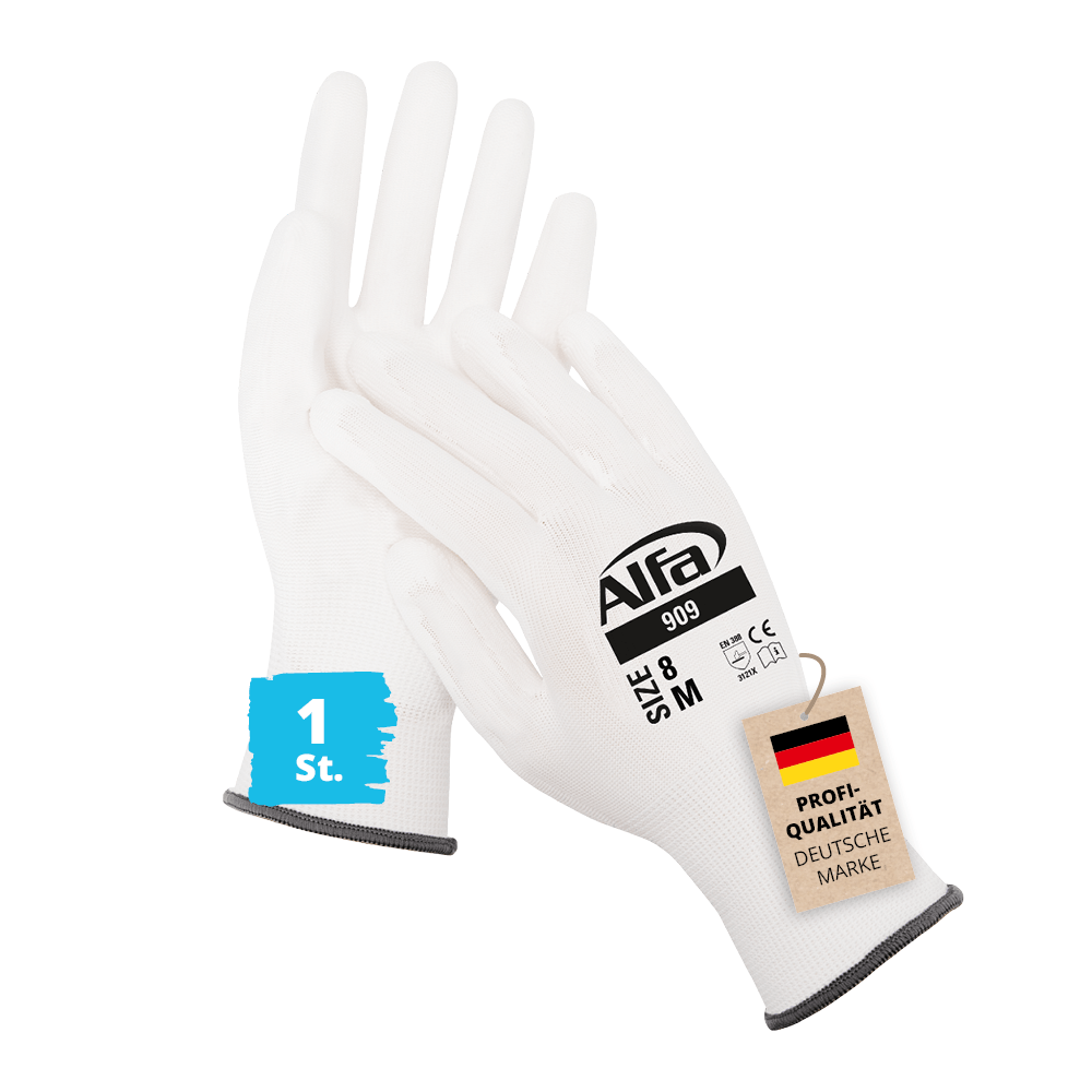 Alfa 1 Paar Arbeitshandschuhe weiss Gr. 10 hochwertiger, PU-beschichteter Malerhandschuh Montagehandschuh Nylon-Feinstrickhandschuh Handy Touch