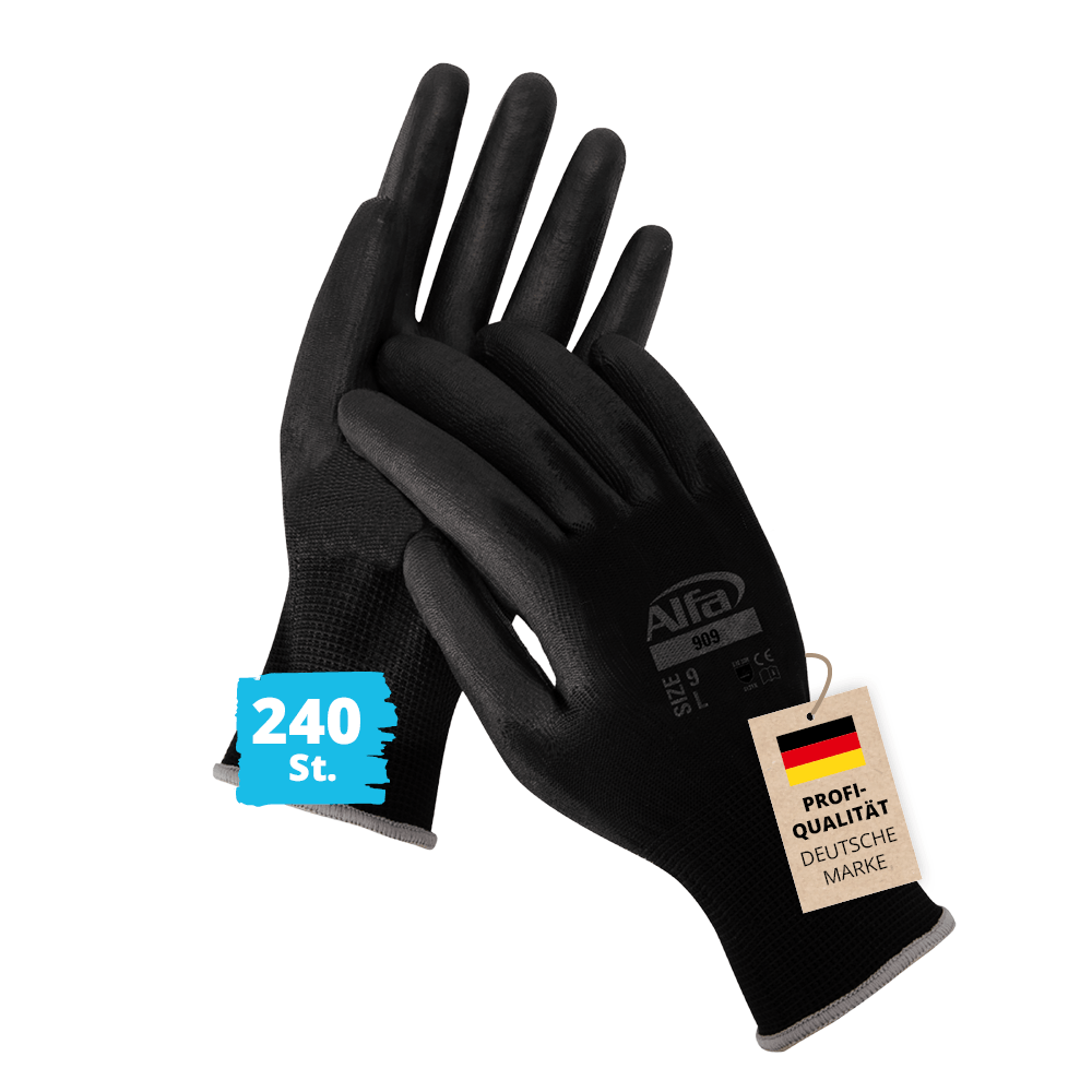 Alfa 240 Paar Arbeitshandschuhe schwarz Gr. 10 hochwertiger, PU-beschichteter Malerhandschuh Montagehandschuh Nylon-Feinstrickhandschuh Handy Touch