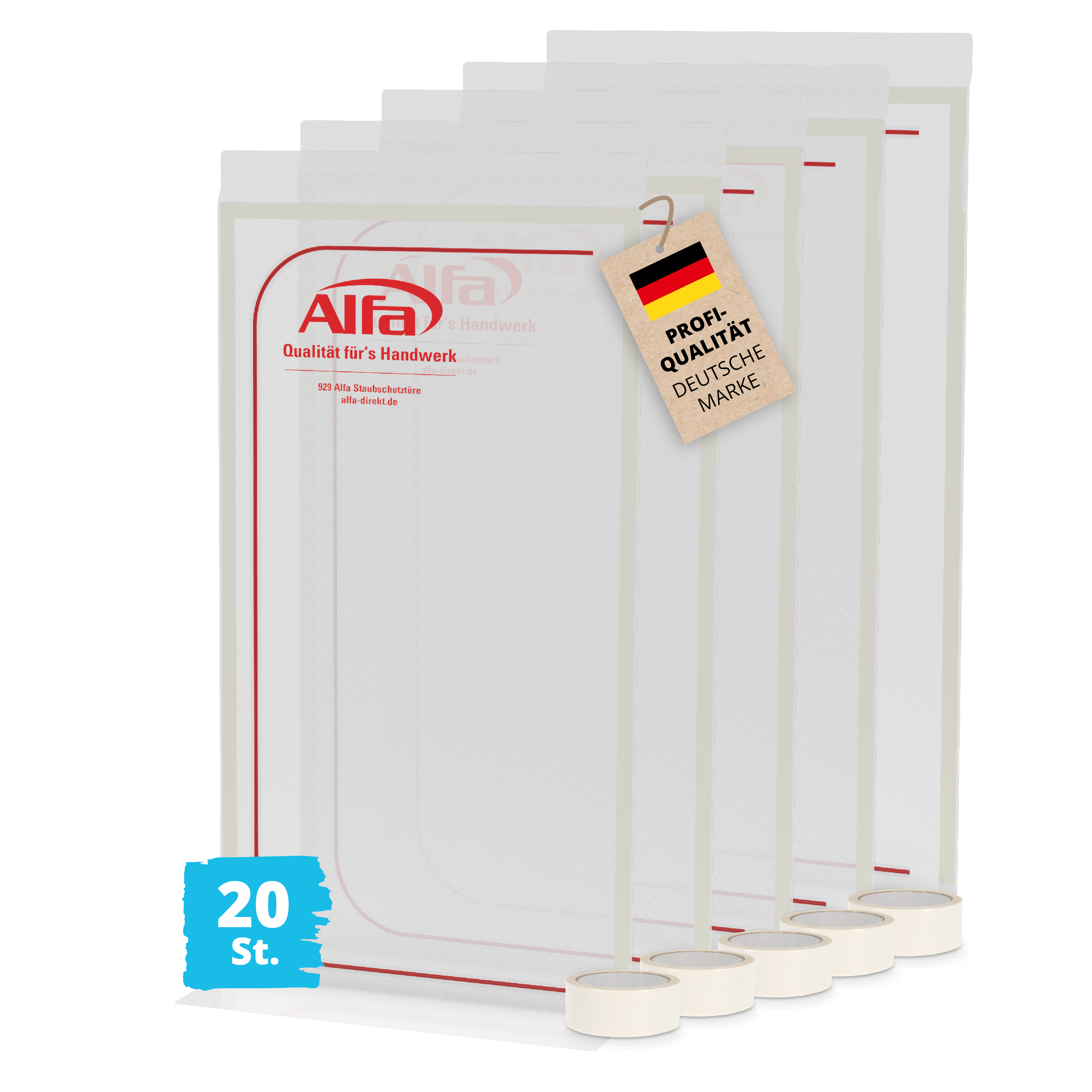 20x Alfa Staubschutztür 1,1 m x 2,4 m inkl. Klebeband Staubtüre Schutztür Fliegengitter Bautür Abdecktür Baustellentür Staubvorhang Folienwand