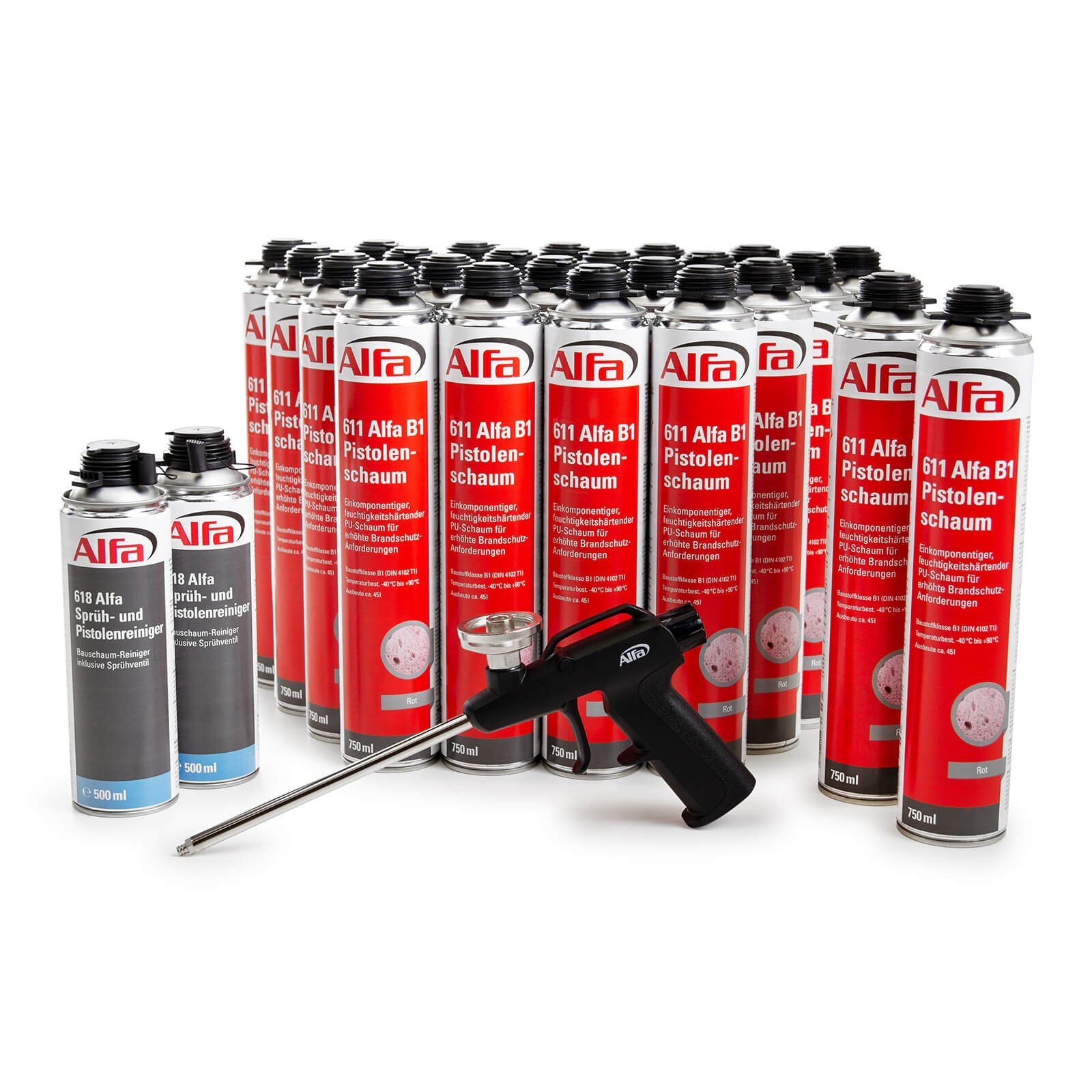 Alfa B1 Pistolenschaum Set - Praktisches, 27-teiliges Brandschutz-Set Bauschaum Montageschaum Sparset Schaumpistole PU-Schaum Adapterschaum Füller