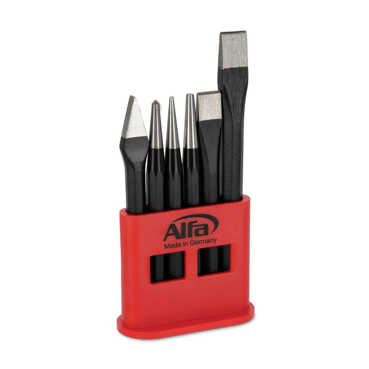 Alfa Meißel-Durchtreiber-Satz | 6-teiliger Meißel-Durchtreiber-Satz im praktischen Kunststoffhalter | 2 x Flachmeißel, 1 x Kreuzmeißel, 2 x
