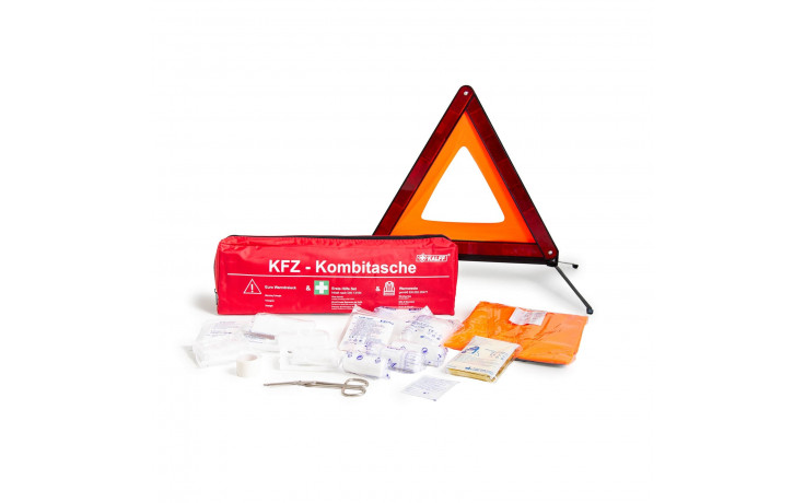 KFZ-Kombitasche TRIO mit Warnweste, Warndreieck und Verbandmaterial - Praktische Reißverschluss-Nylontasche mit Klett-Aufkleber, bestehend aus Verbandsmaterial, Warndreieck und Warnweste
