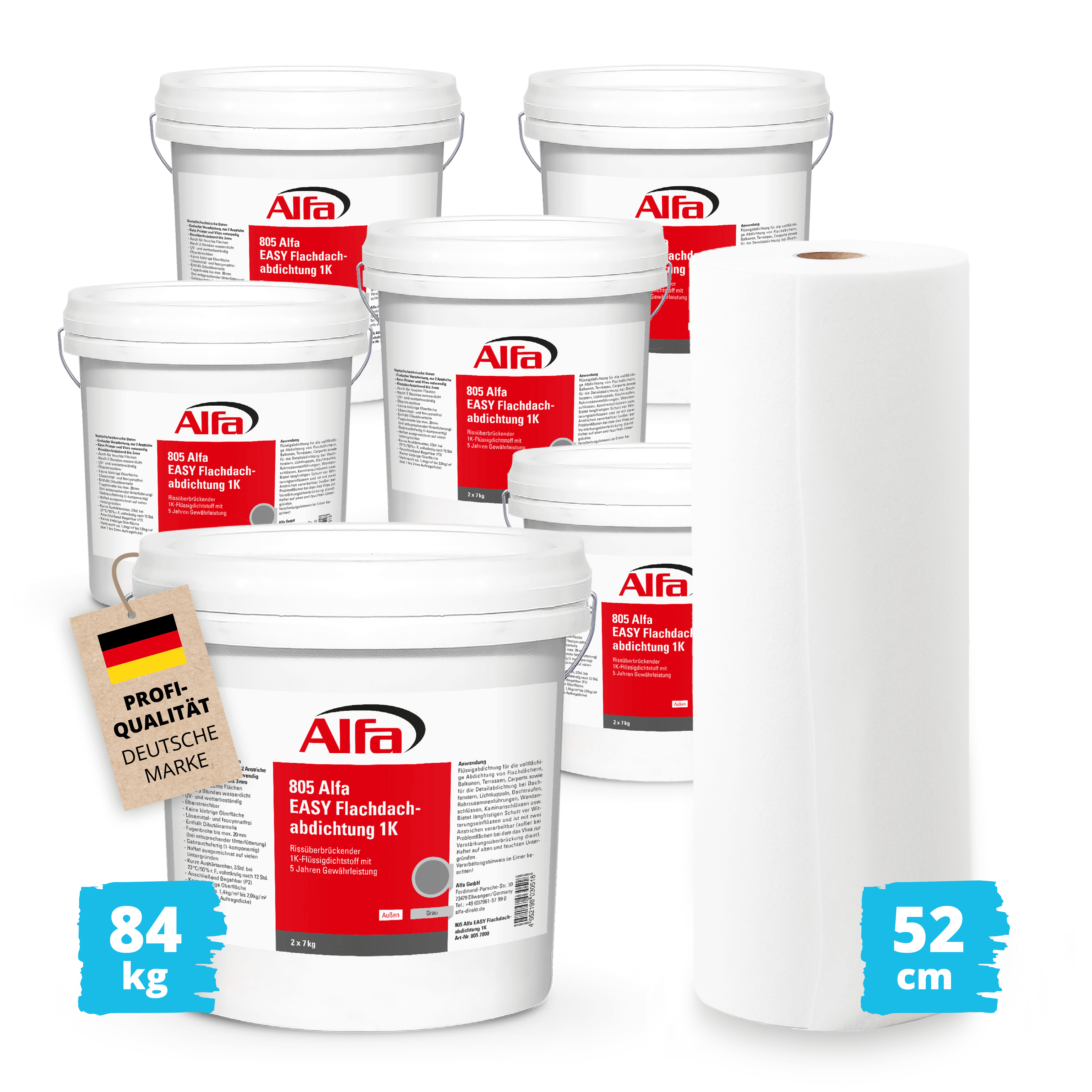 21 m² Flachdachabdichtung Set mit Vlies Flüssigkunststoff Dachabdichtung Dach Balkonabdichtung Garagendach Flachdach abdichten 1K-Dichtstoff Balkon